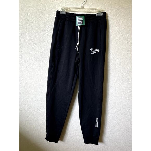 Puma Black Sweatpants NWT Size S | White Logo | Joggers Athletic Lounge - Picture 1 of 9